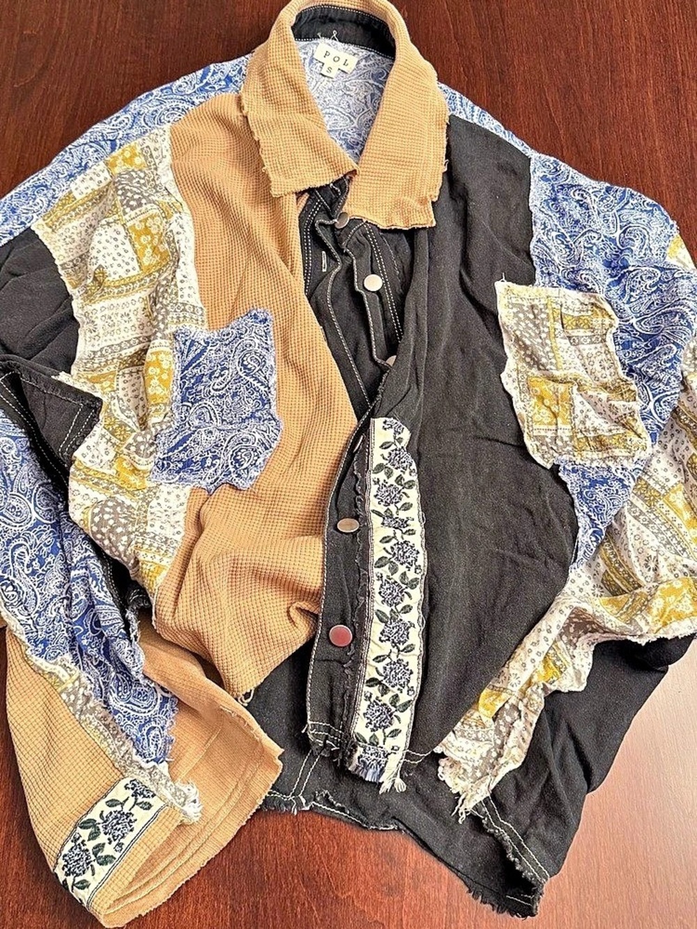 POL Patchwork Mixed Textured Paisley Floral Stripe Long Sleeve Shirt Jacket Blue
